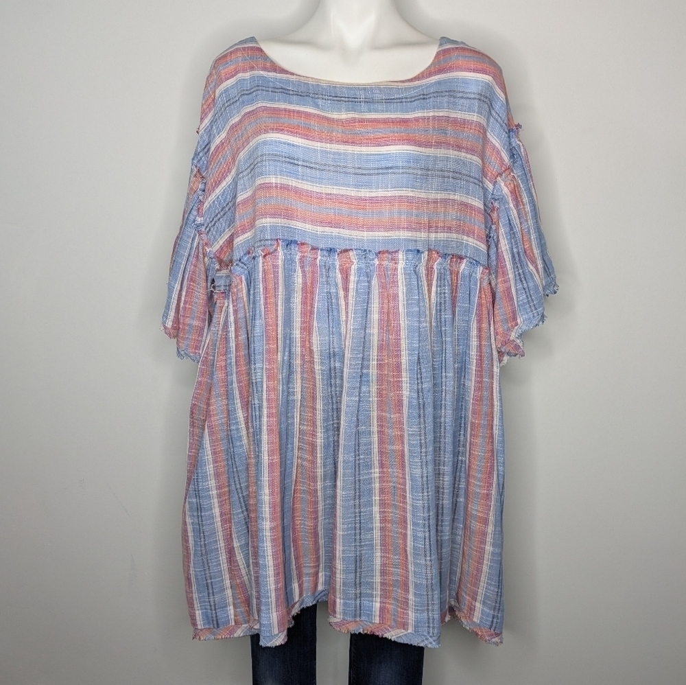 Free People Blue Red White Striped Short Sleeve Cotton Top L